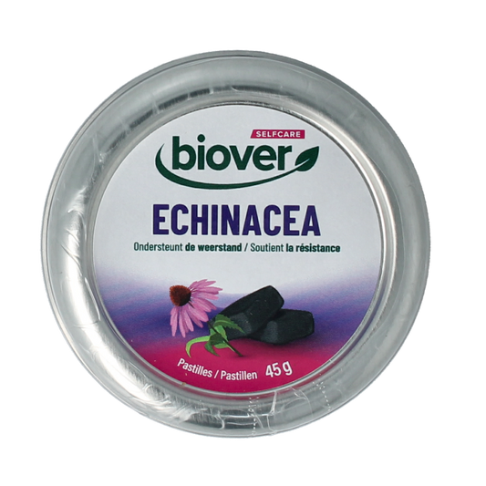 Biover Echinadrop pastilles, herbal lozenges in a transparent container, used as natural herbal cough and throat relief.