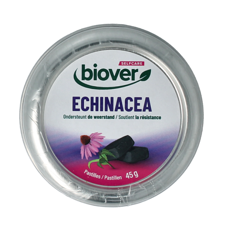 Biover Echinadrop pastilles in a clear jar, showing round, orange herbal lozenges for soothing throat relief.
