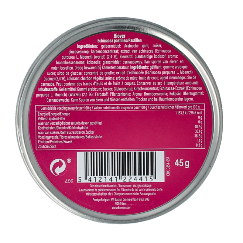 Biover Echinadrop pastilles in a 45g package, chewy herbal snoepgoed with echinacea flavor, shown in a clear plastic wrapper.