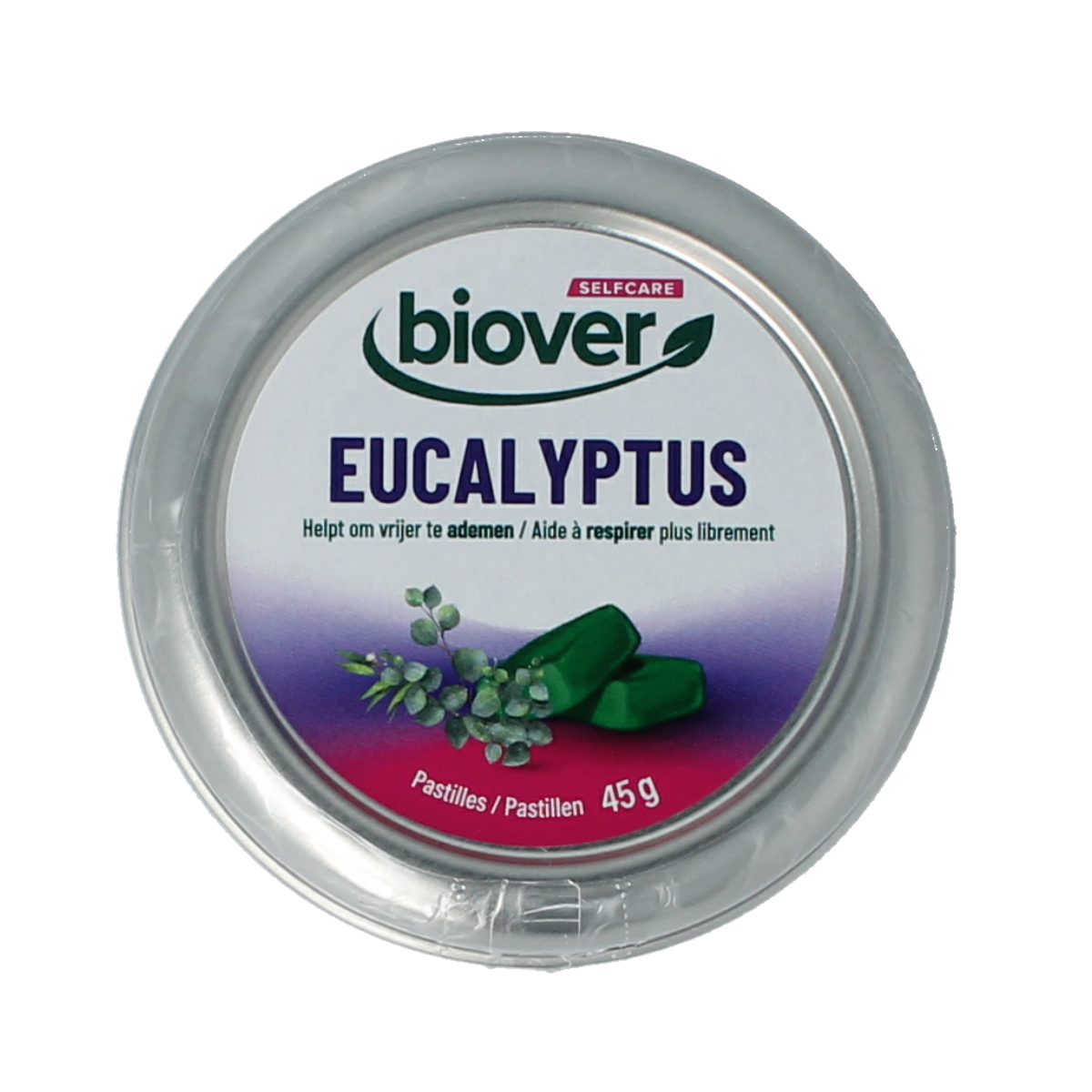 Biover Eucalyptus pastilles in 45g package, lemon-flavored herbal lozenges for soothing throat comfort