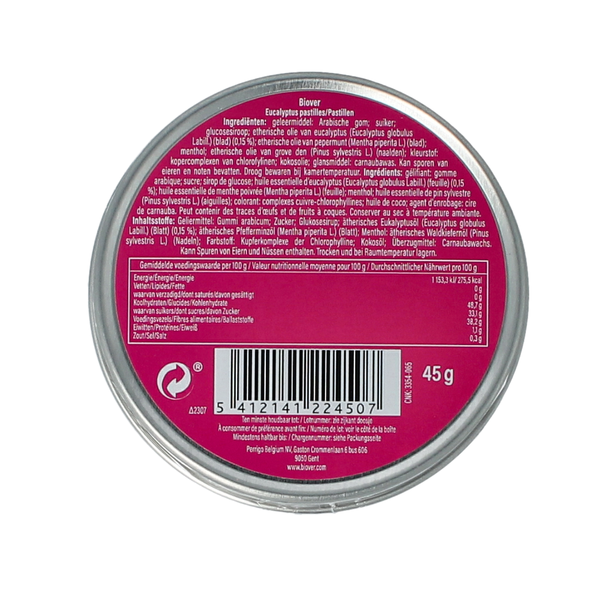 Biover eucalyptus pastilles in a 45g package, natural herbal candy for soothing throat relief.