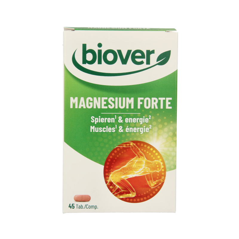 Biover Magnesium Forte 45 tablets, mineral supplement showing the bottle and label with magnesium tablets inside.