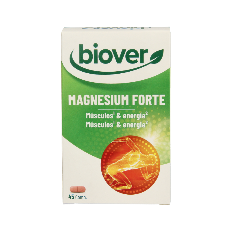 Biover Magnesium Forte mineral supplement in a bottle of 45 tablets, featuring the product packaging with tablets inside