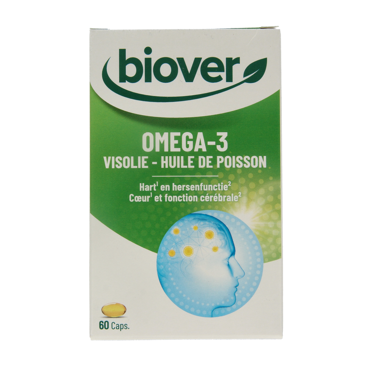 Biover Omega 3 fish oil capsules, 60-count, softgel dietary supplement with omega-3 fatty acids in clear bottle.