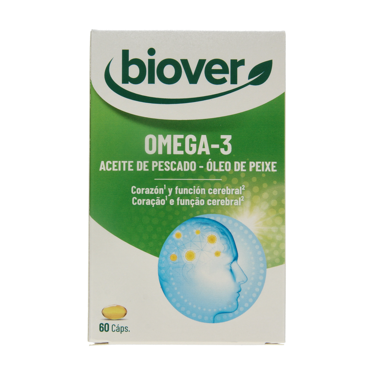 Biover Omega 3 visolie capsules, dietary Vetzuren supplement, showing 60 softgel capsules in a clear bottle.