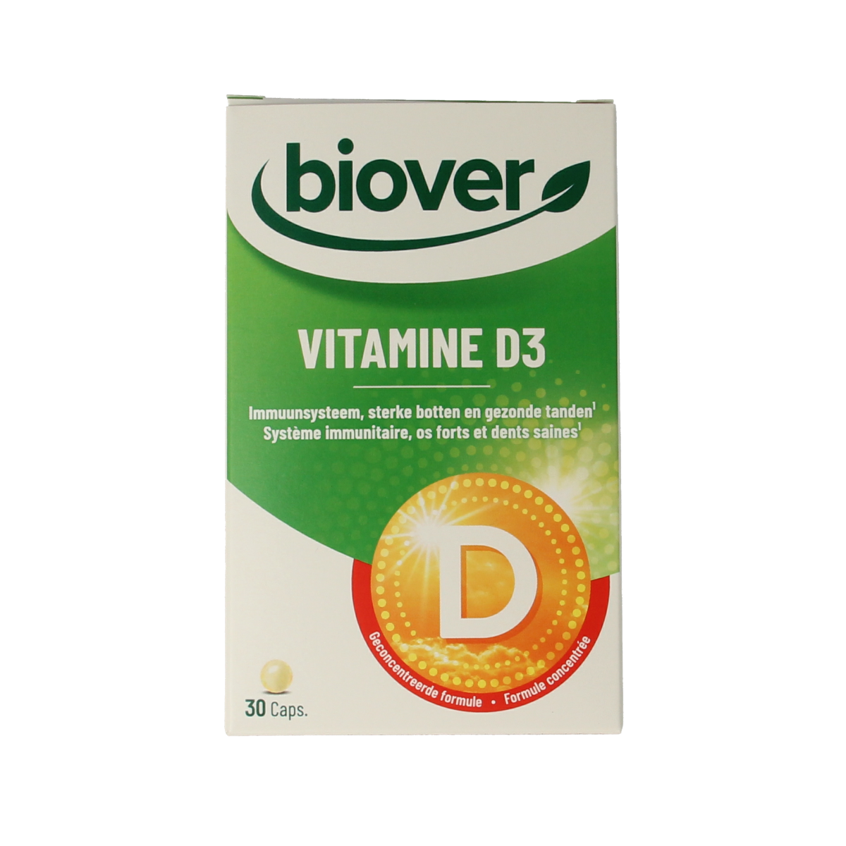 Biover Vitamine D3 capsules in a bottle, dietary supplement for immune support and bone health.