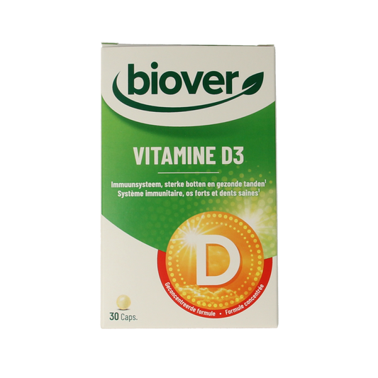Biover Vitamine D3 capsules in a bottle, dietary supplement for immune support and bone health.