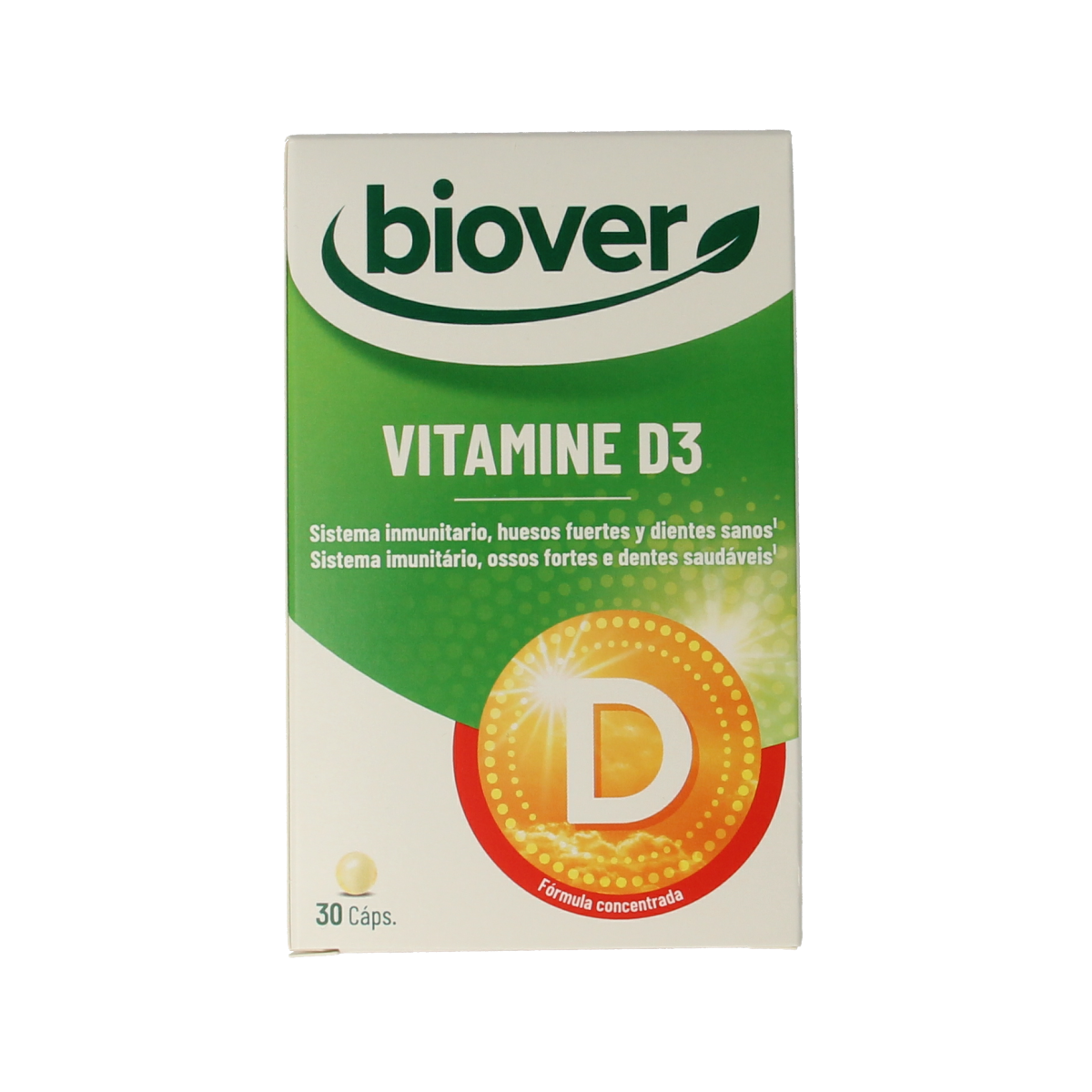 Biover Vitamin D3 capsules in a bottle, dietary supplement for immune support and bone health.