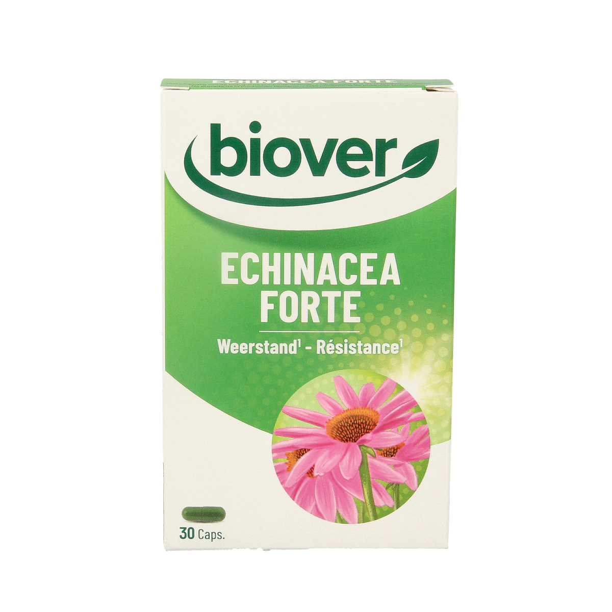 Biover Echinacea Forte herbal supplement capsules, 30-count, in a clear container, emphasizing natural herbal immune support.