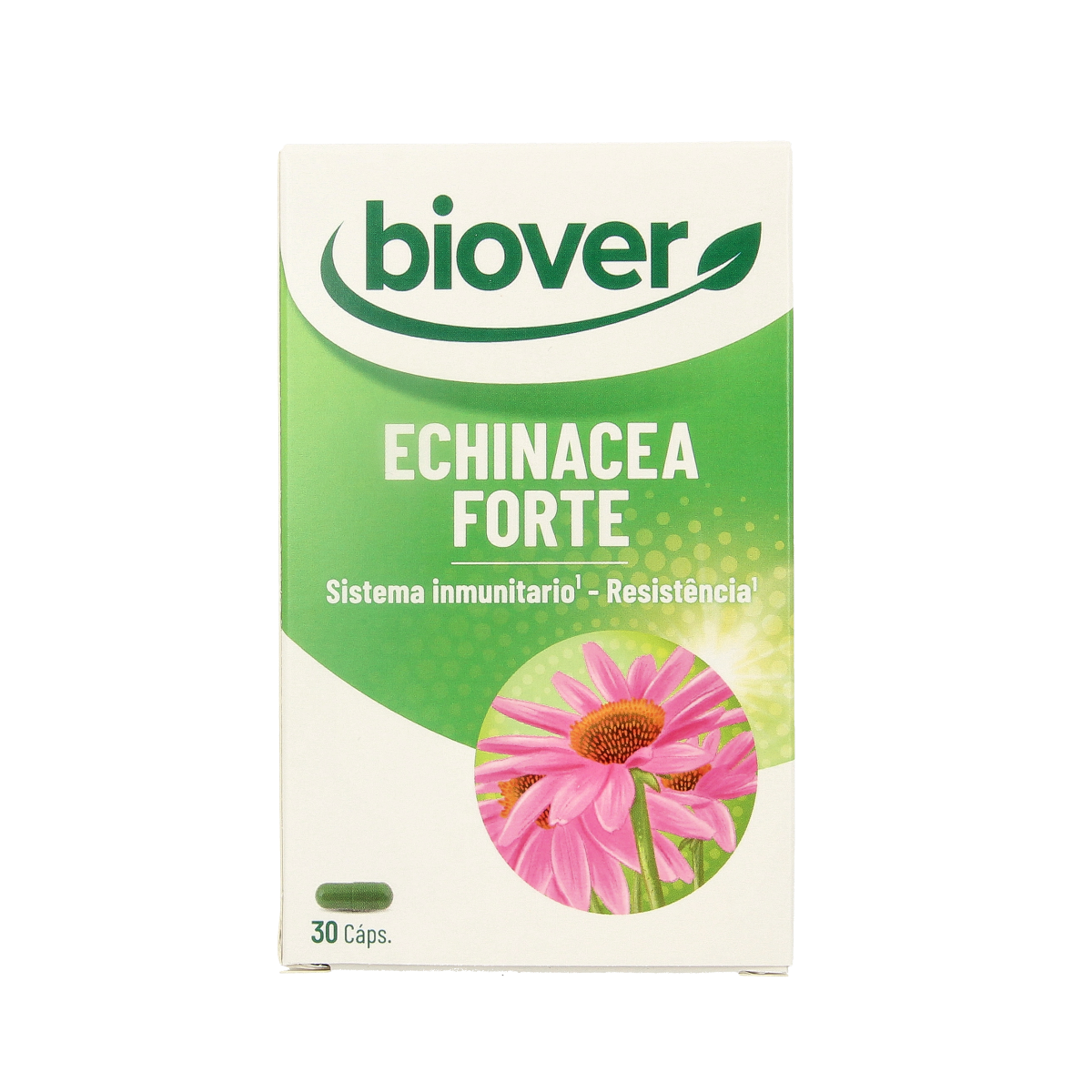 Biover Echinacea Forte 30 capsules, herbal supplement packaging with green and white design, showcasing the product label and capsules.