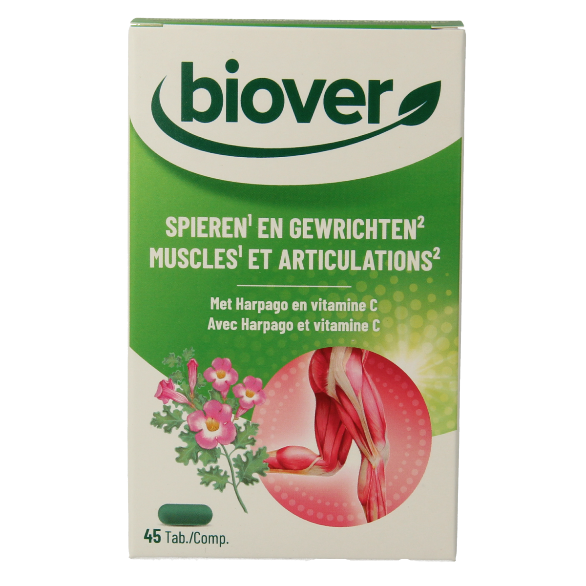 Biover Spieren en Gewrichten herbal supplement bottles with tablets, natural herbal preparation for muscle and joint support.