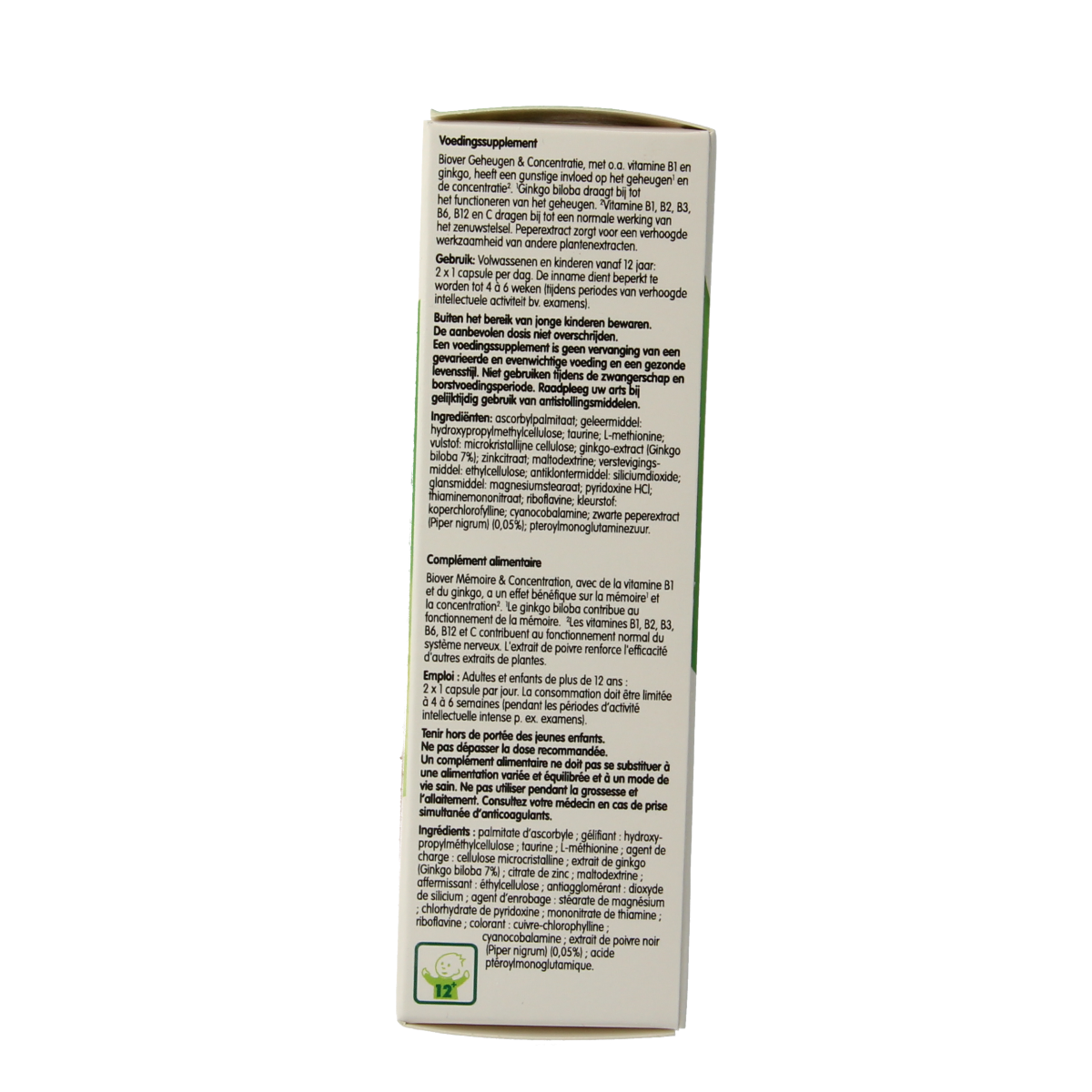 Biover Geheugen & Concentratie herbal capsules in a bottle, dietary supplement for memory and focus enhancement.