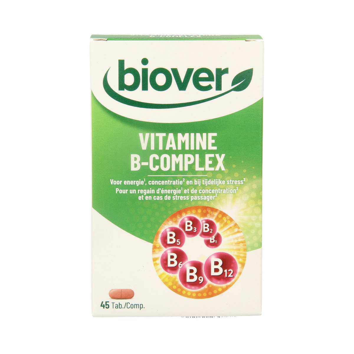 Biover Vitamin B Complex all-day tablets, multi-vitamin supplement in blister pack, showing 45 tablets for daily nutrition.