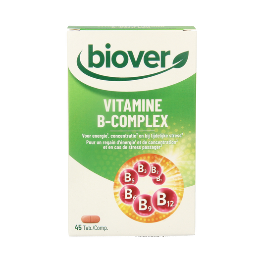 Biover Vitamin B Complex all-day tablets, multi-vitamin supplement in blister pack, showing 45 tablets for daily nutrition.