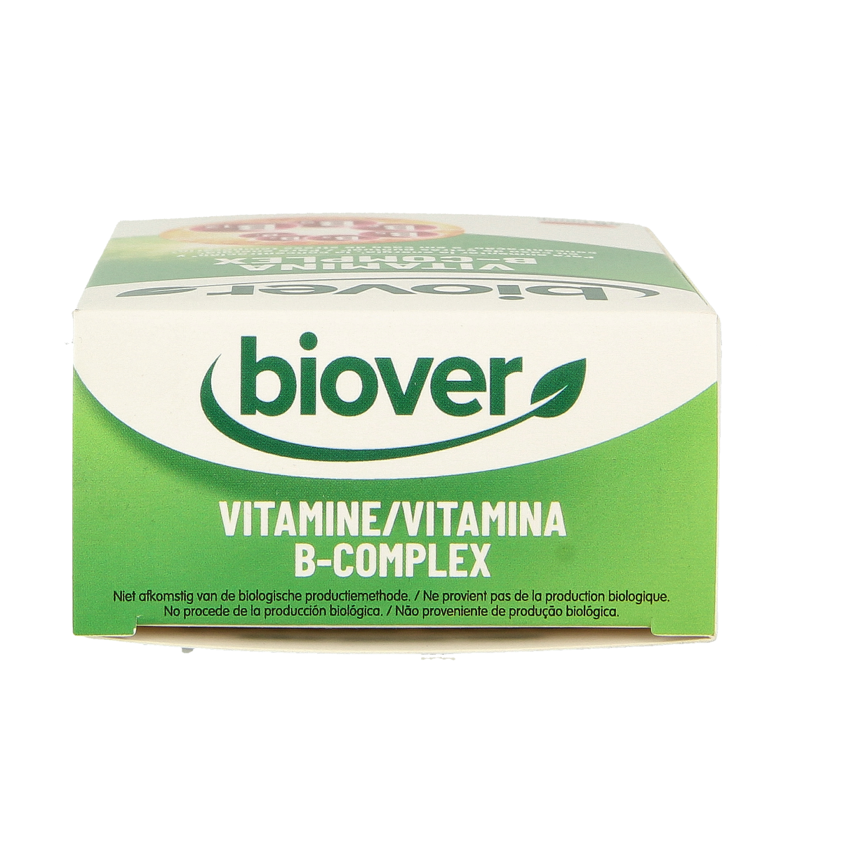 Biover Vitamin B Complex all-day supplement in a bottle of 45 tablets, featuring colorful tablets in a clear container.