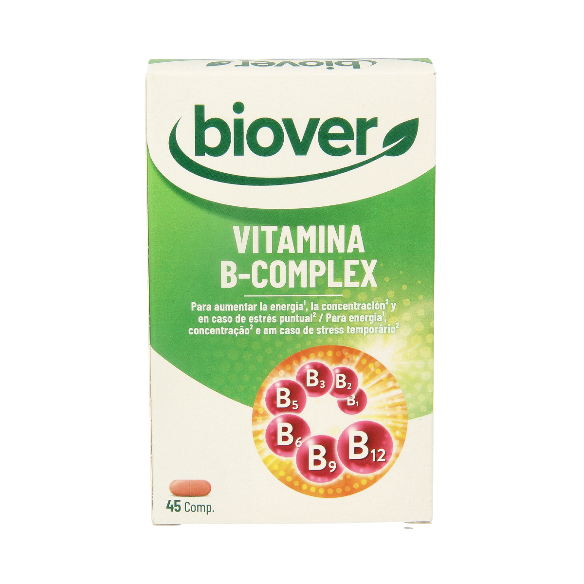 Biover Vitamin B complex all-day tablets, colorful supplement bottles with tablets inside, natural health product for energy support