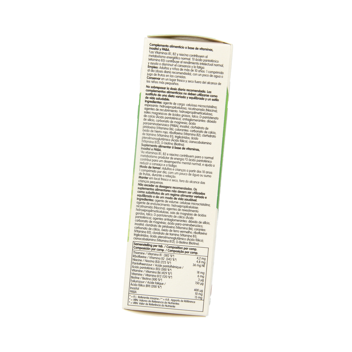 Biover Vitamin B complex all-day tablets, dietary supplement with 45 tablets, showing the product packaging and tablets.