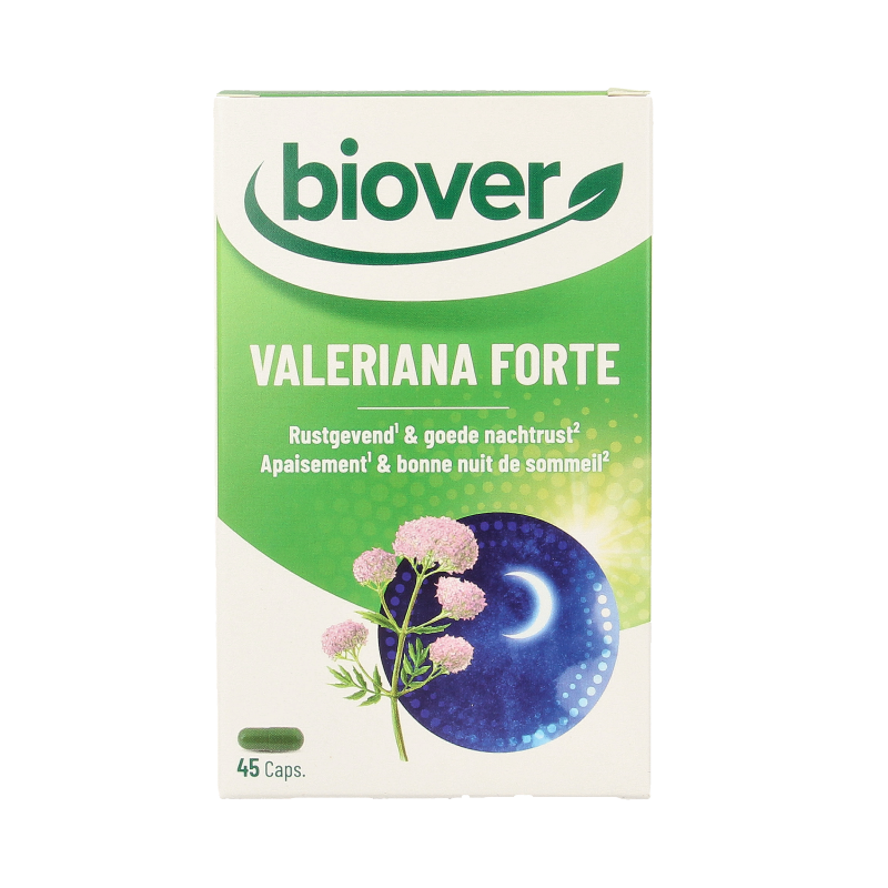 Biover Valeriana Forte 45 capsules herbal supplement in a blister pack, designed to promote relaxation and restful sleep.