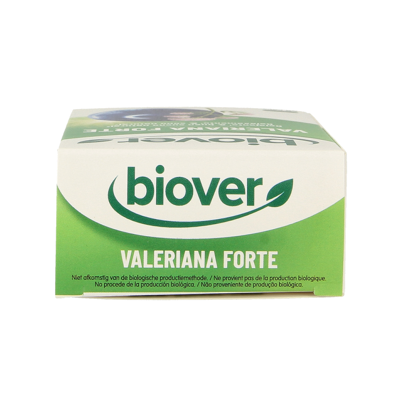 Biover Valeriana Forte herbal supplement capsules, natural valerian root remedy in a bottle, for relaxation and sleep support.