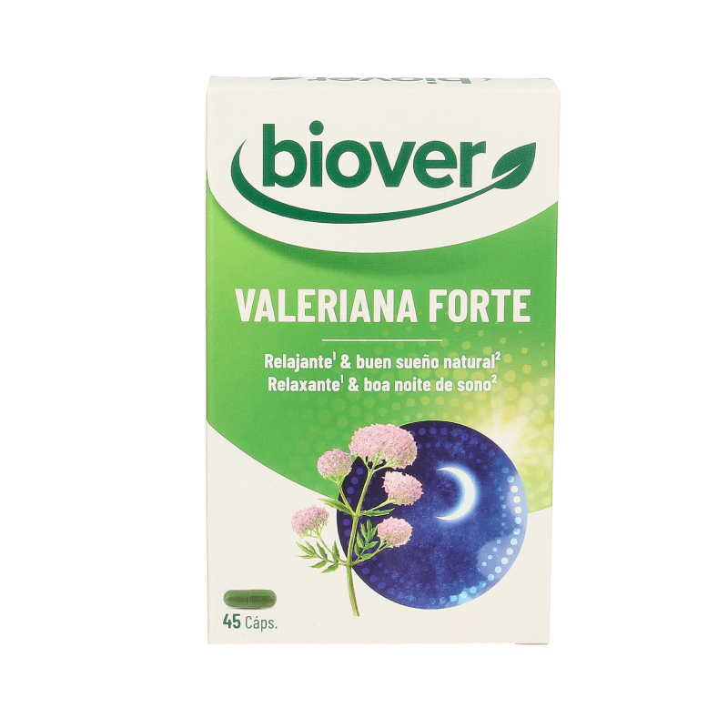 Biover Valeriana Forte 45 capsules, herbal supplement in a bottle, designed for relaxation and sleep support.