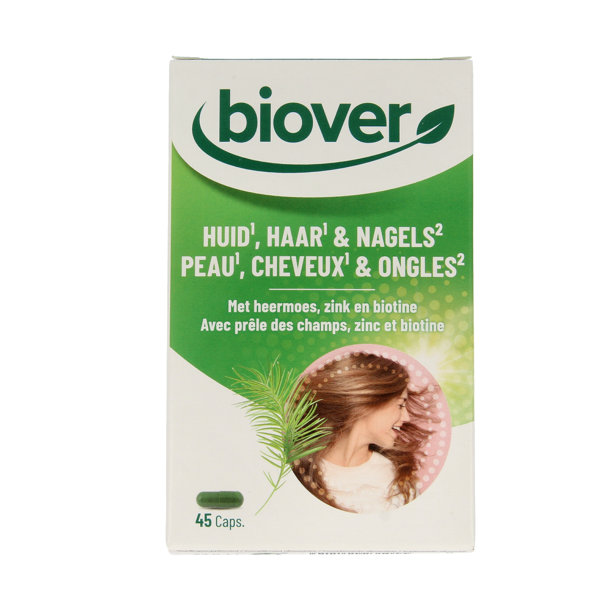 Biover Huid Haar Nagels multivitamin capsules showing the supplement bottle with capsules inside.