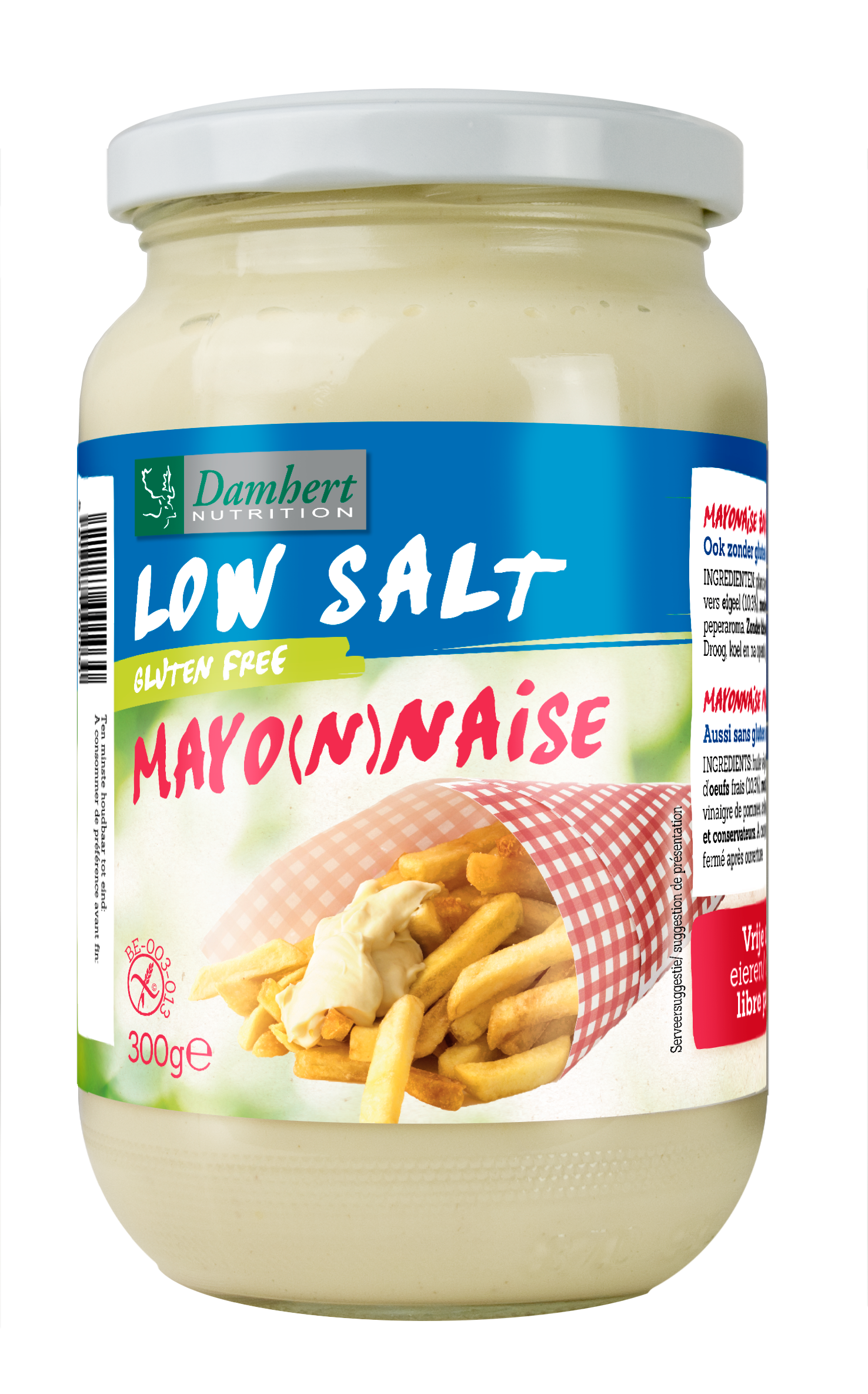 Damhert natriumarme glutenvrije mayonaise in 300g jar, creamy sauce for sandwiches and salads.