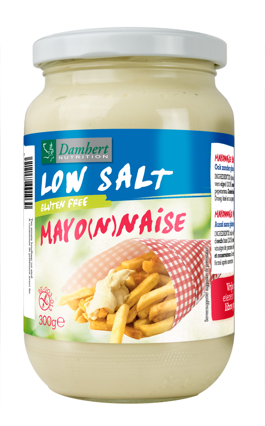 Damhert natriumarme glutenvrije mayonaise in 300g jar, creamy sauce for sandwiches and salads.