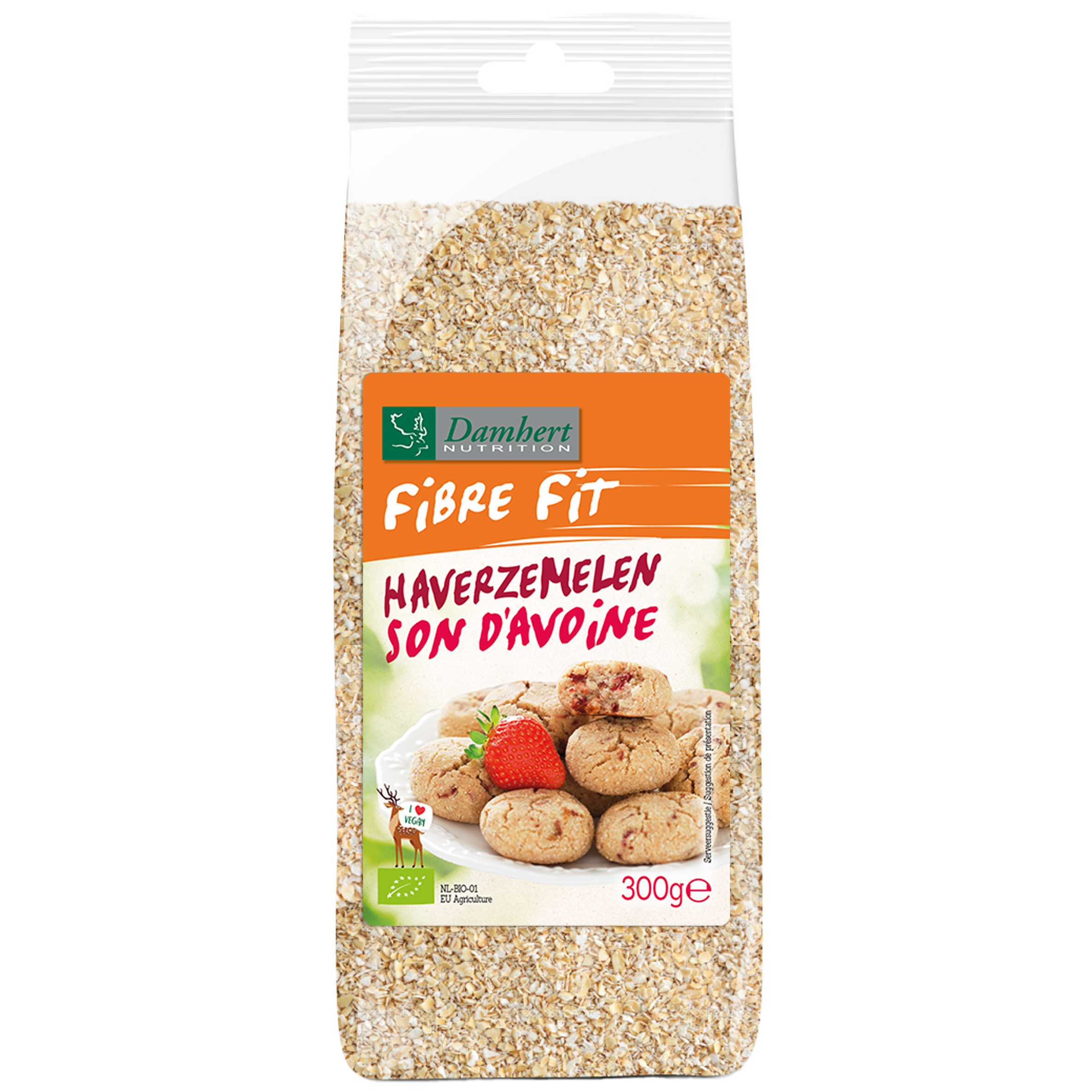 Damhert Fibre Fit haverzemelen bio ontbijtgranen in 300g package, close-up of the organic cereal grains.