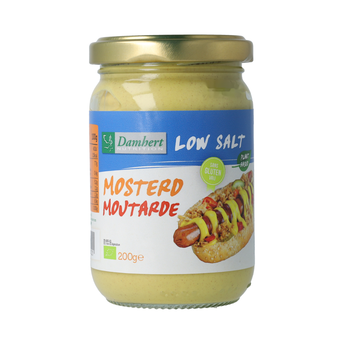 Damhert natriumarme biologische mosterd in 200g jar, glutenfree sauce and flavoring product with mustard seeds and label on jar