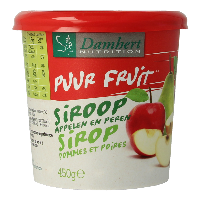 Damhert Puur fruit siroop appelen en peren, 450g broodbeleg with apple and pear flavors in a jar