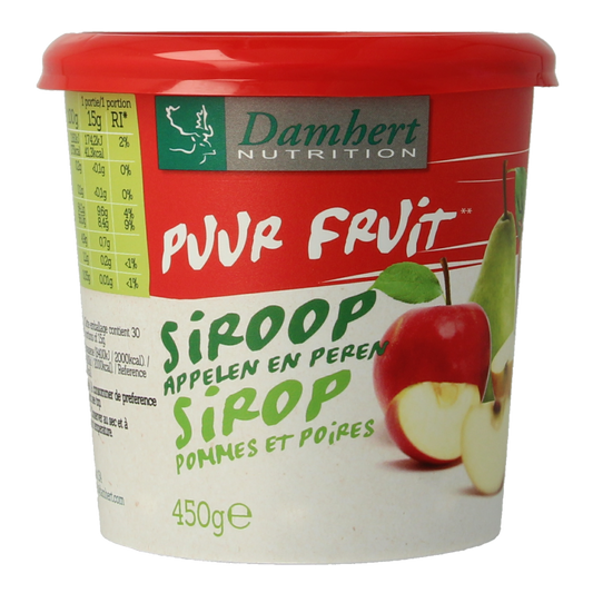 Damhert Puur fruit siroop appelen en peren, 450g broodbeleg with apple and pear flavors in a jar