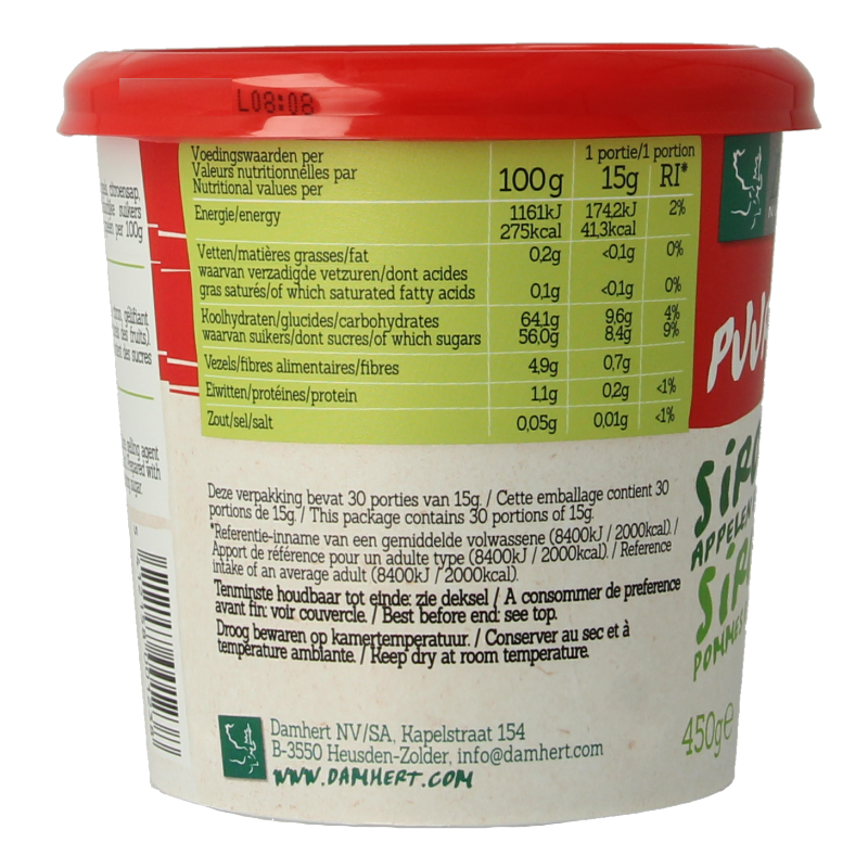 Damhert Puur fruit siroop appelen en peren broodbeleg in 450g jar, featuring apple and pear flavors with a smooth, fruity texture.