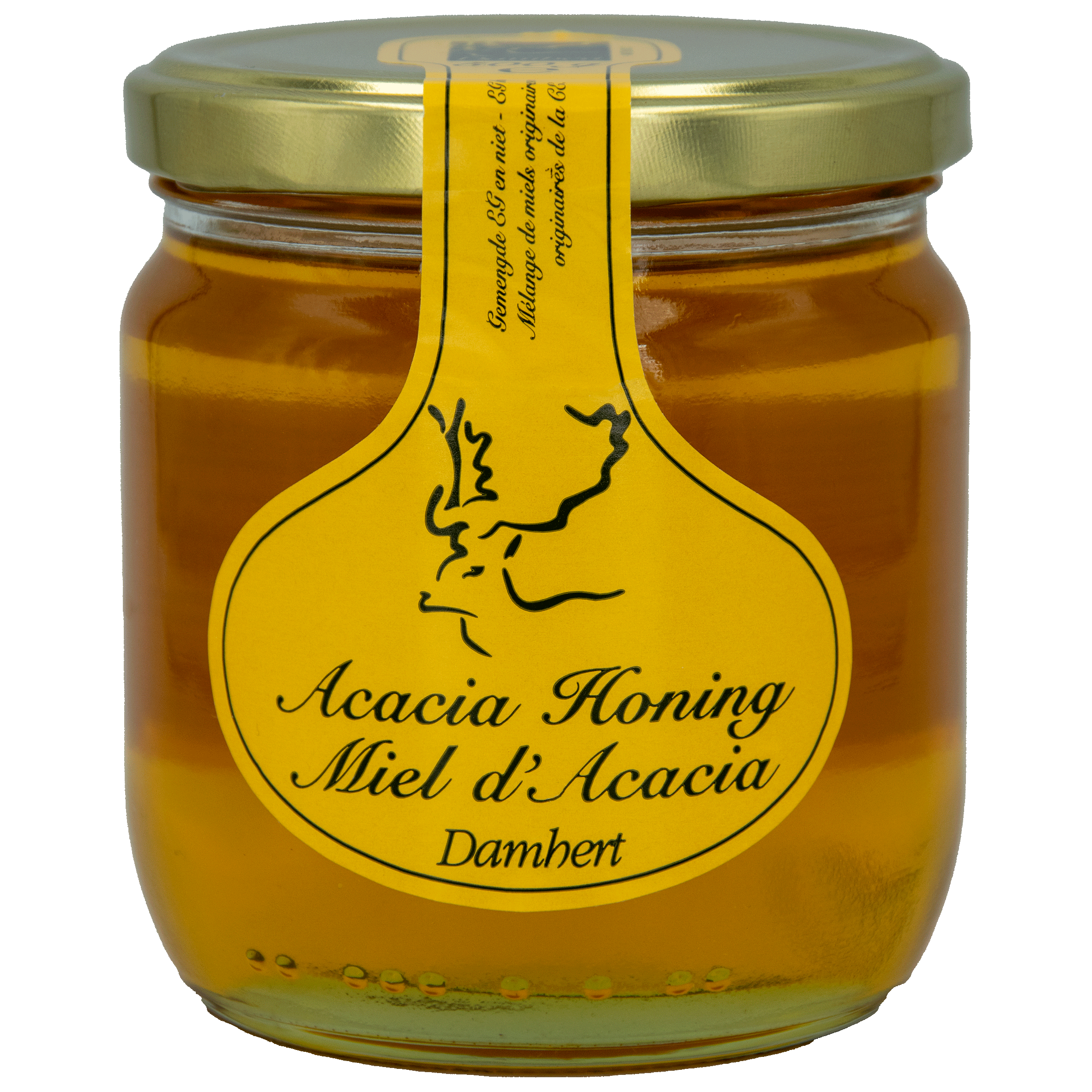 Damhert Acacia honey jar, 500 grams, with golden honey visible through the clear glass container.