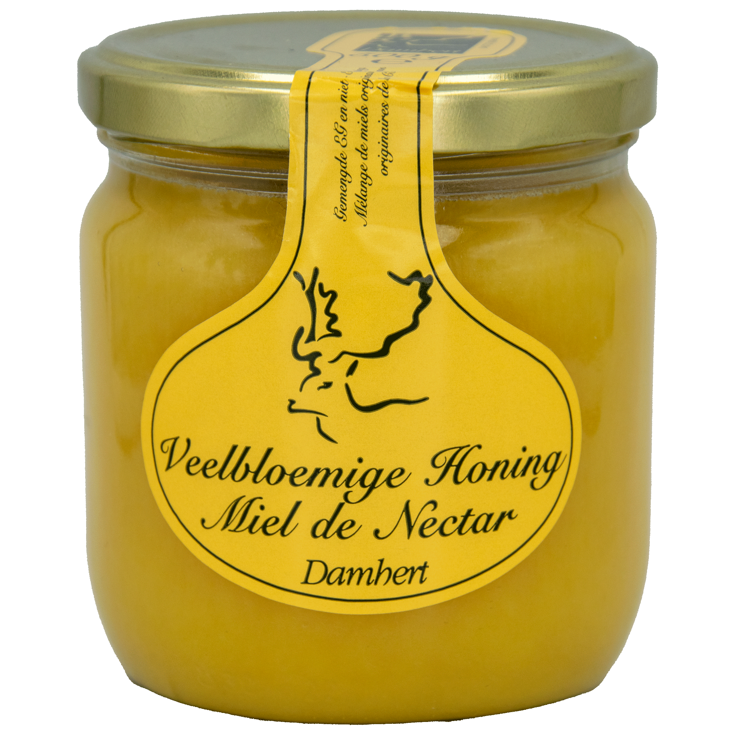 Damhert Veelbloemige honing jar, 500 grams, featuring a golden honey with floral hints in a clear glass jar.