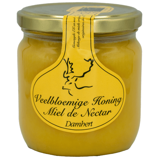 Damhert Veelbloemige honing jar, 500 grams, featuring a golden honey with floral hints in a clear glass jar.