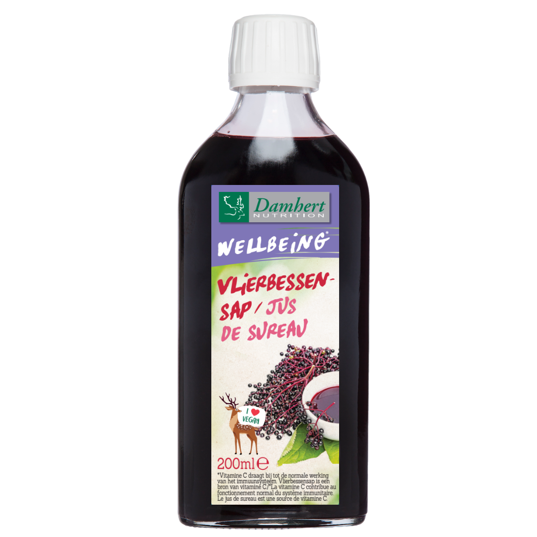 Damhert Vlierbessen siroop in 200ml bottle, showcasing the dark purple berry syrup for drinks and juices.