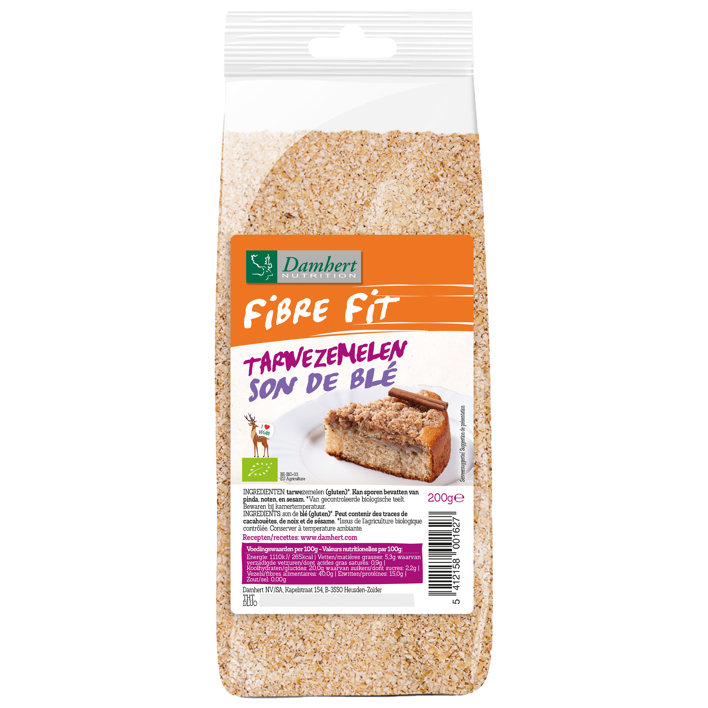 Damhert Fibre fit organic wheat bran breakfast cereal in a 200g package, showing the product and packaging.