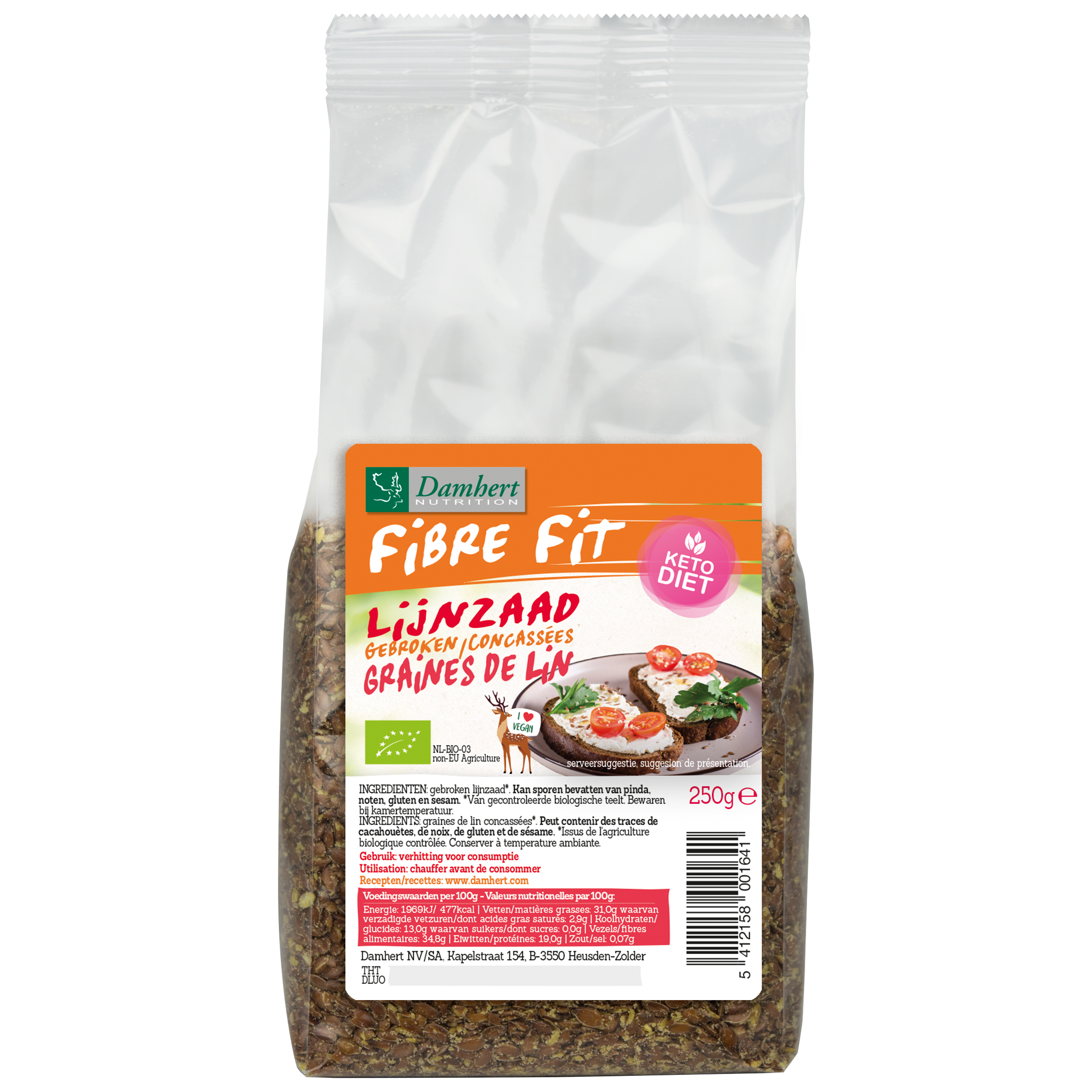 Organic Damhert cracked flaxseed in a 250g package, showcasing the raw superfood with a close-up of the product.