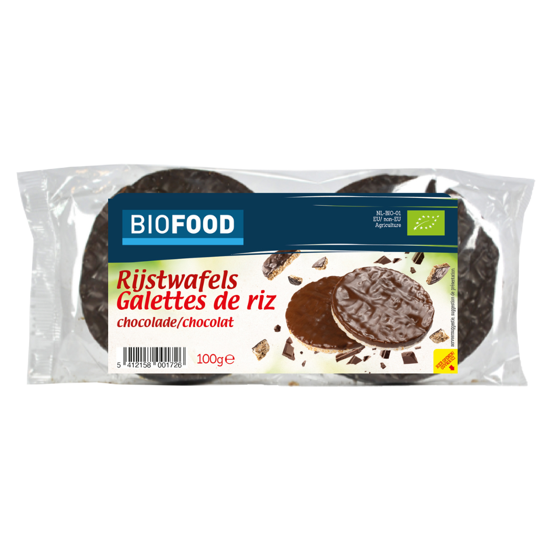 Damhert bio rice cakes with chocolate flavor, 100 grams, showing crispy rice wafers coated with chocolate.