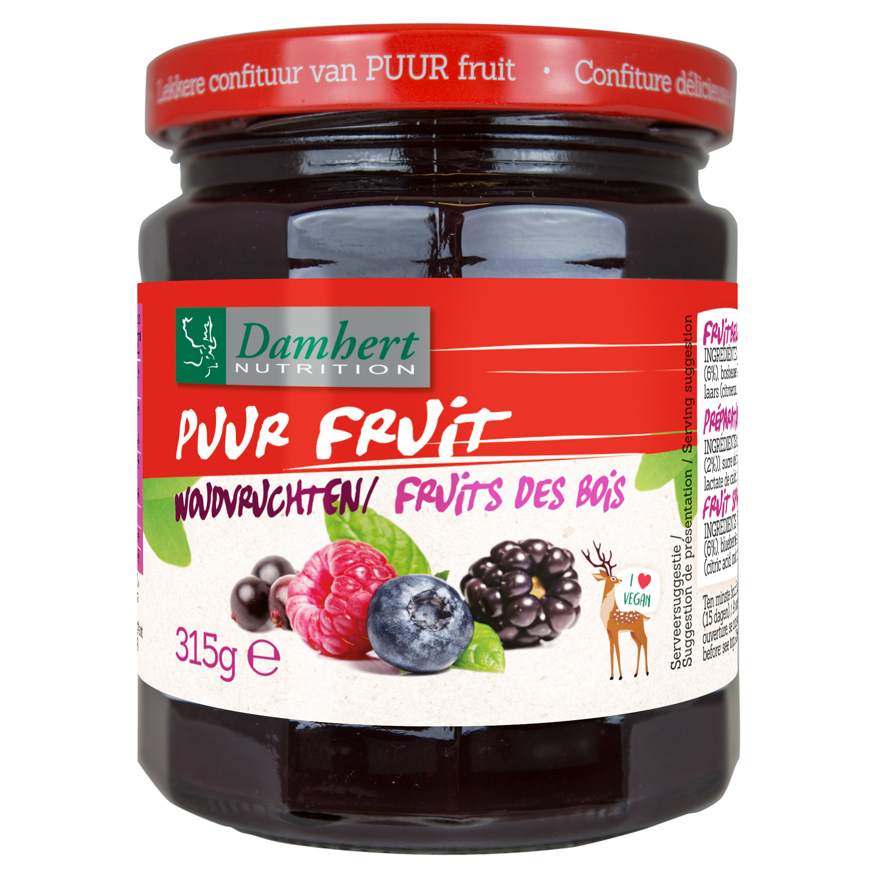 Damhert Puur fruit confituur woudvruchten spread on bread, 315 grams, with visible mixed forest fruits in a glass jar.