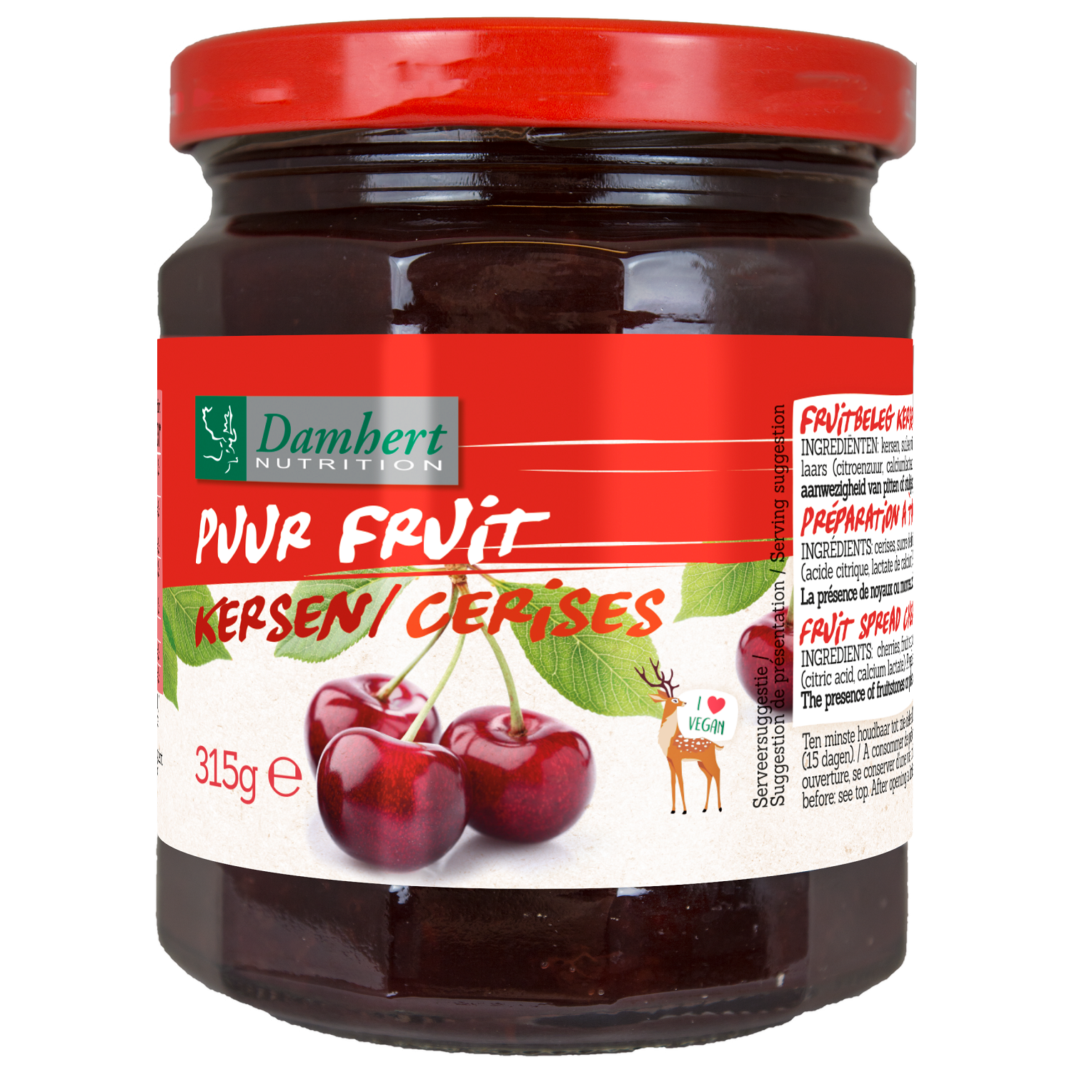 Damhert Puur cherry fruit jam spread on bread, 315g jar, natural broodbeleg with fresh cherry pieces visible.