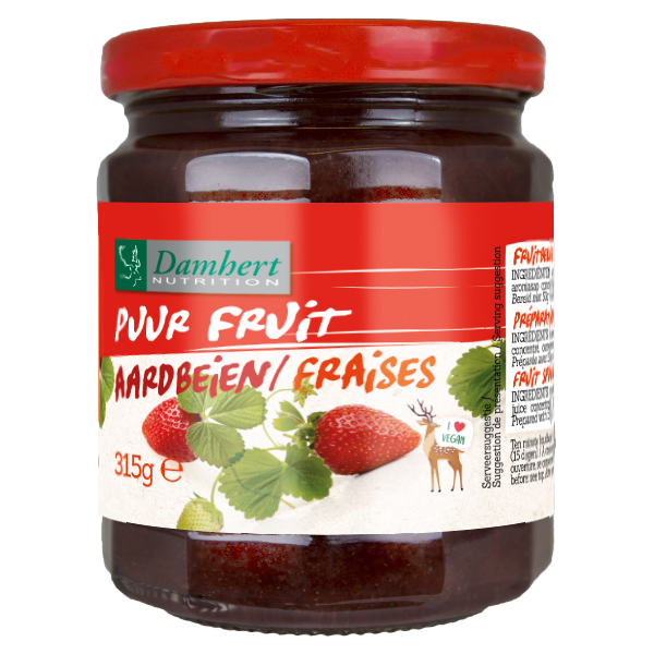 Damhert Puur fruit confituur aardbei spread on bread, 315g jar, natural strawberry jam for breakfast or snacks