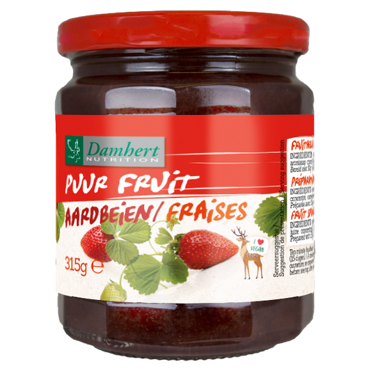 Damhert Puur fruit confituur aardbei spread on bread, 315g jar, natural strawberry jam for breakfast or snacks