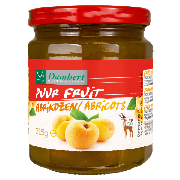 Damhert Puur fruit confituur abrikozen spread on bread for breakfast, 315 grams jar of apricot jam with fruit pieces visible