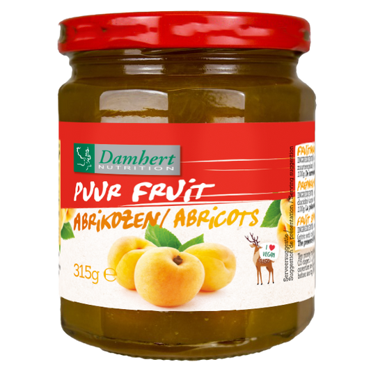Damhert Puur fruit confituur abrikozen spread on bread for breakfast, 315 grams jar of apricot jam with fruit pieces visible