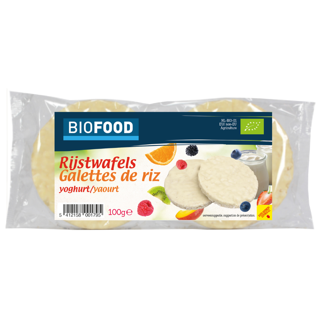Damhert organic yoghurt rice cakes in 100g package, showing crispy rice wafer biscuits with yoghurt flavor on the packaging.