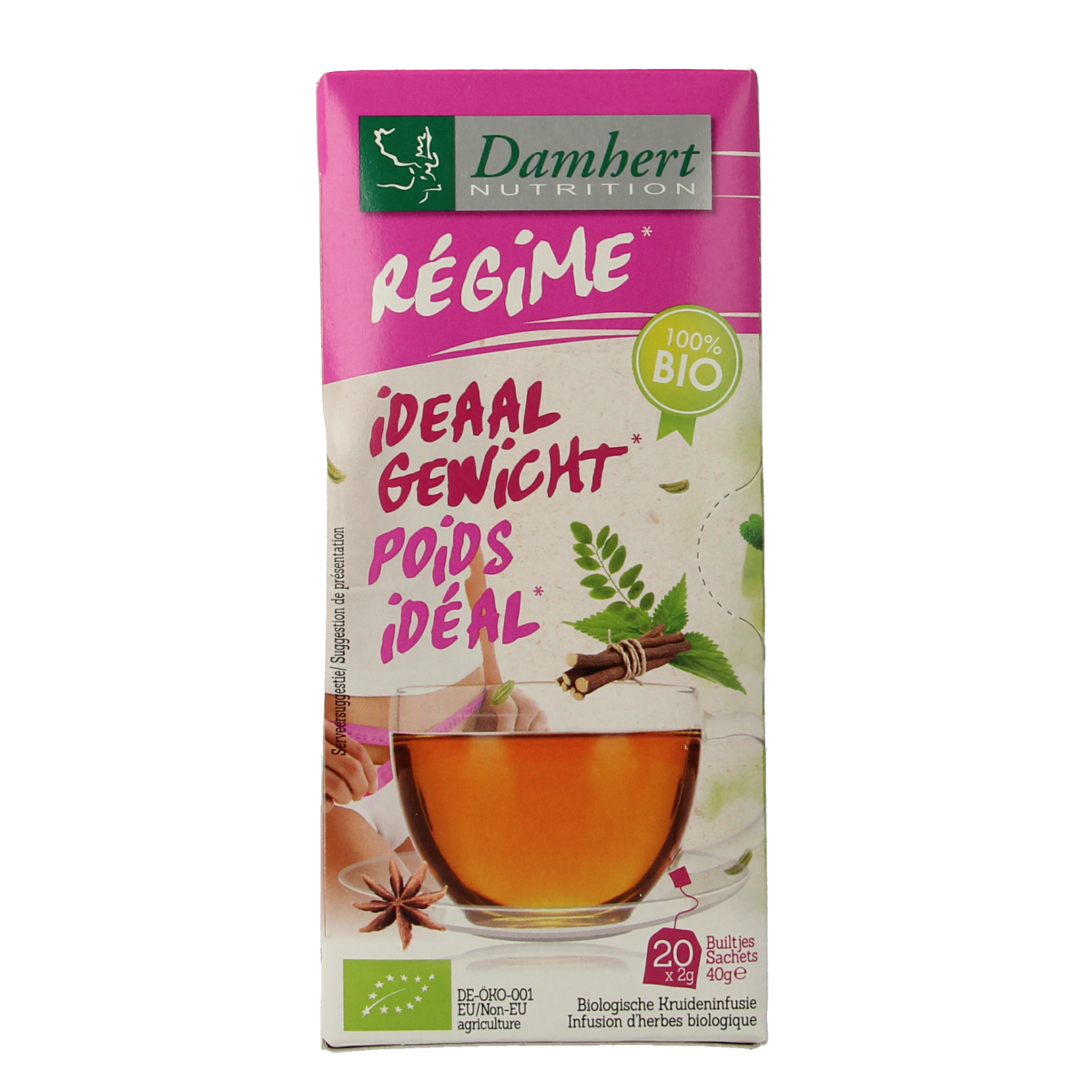 Damhert Tea Time Ideaal Gewicht Bio herbal tea in a box with 20 tea bags, natural and organic product.
