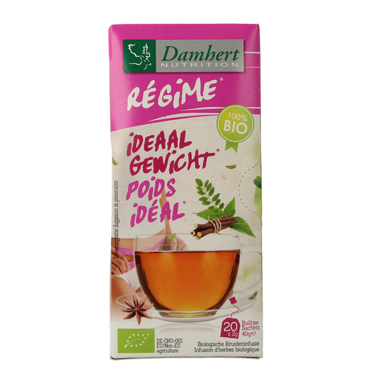 Damhert Tea Time Ideaal Gewicht Bio herbal tea in a box with 20 tea bags, natural and organic product.