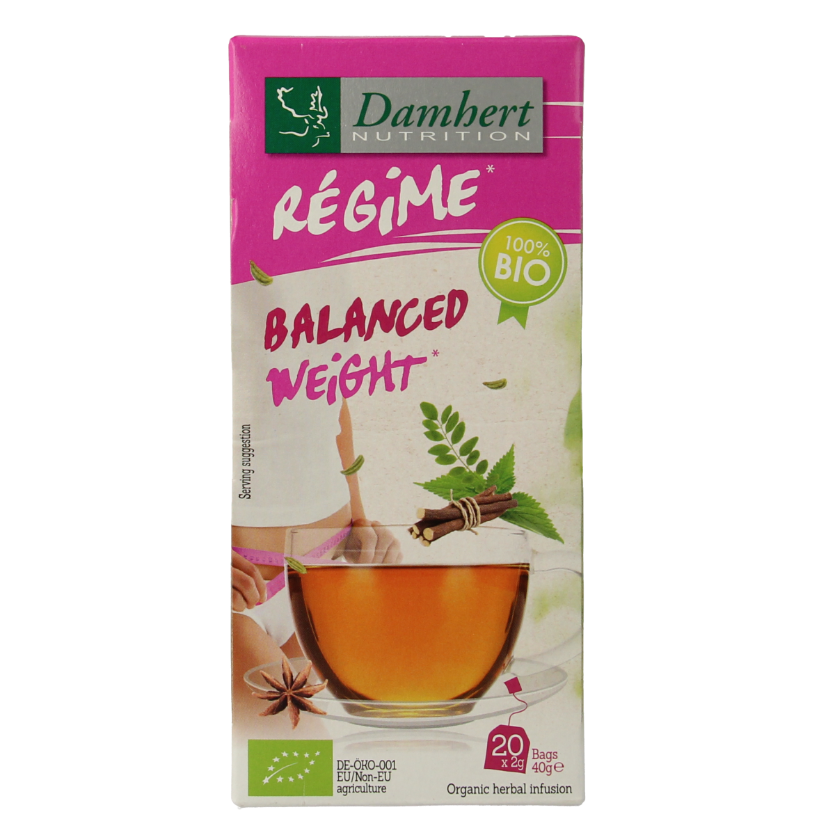 Damhert Tea Time ideaal gewicht biologische thee in 20 zakjes, natural tea blend for weight management, in a sealed package.