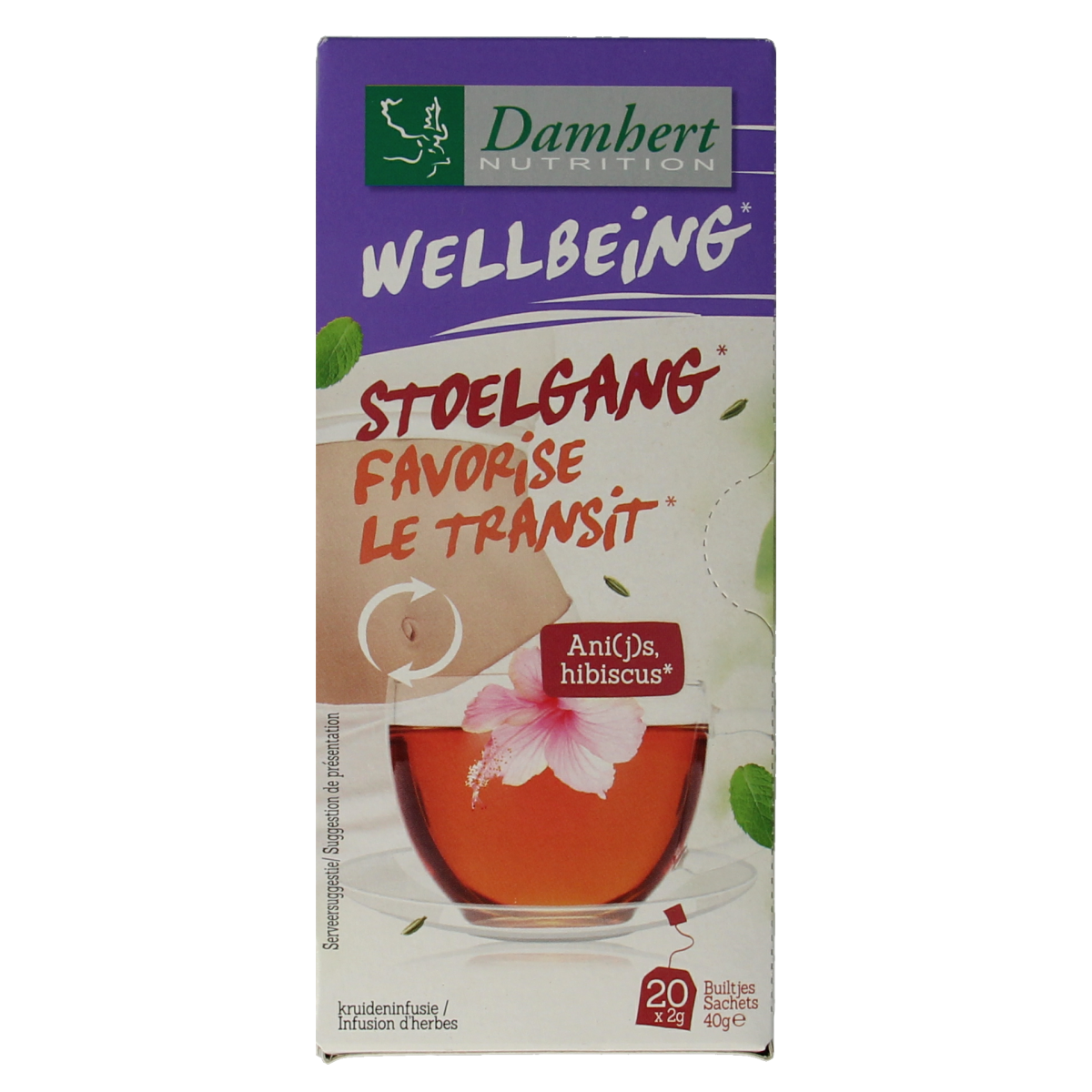 Damhert Tea Time stoelgangthee in a box of 20 tea bags, herbal tea for digestion support, with tea bags and packaging visible.